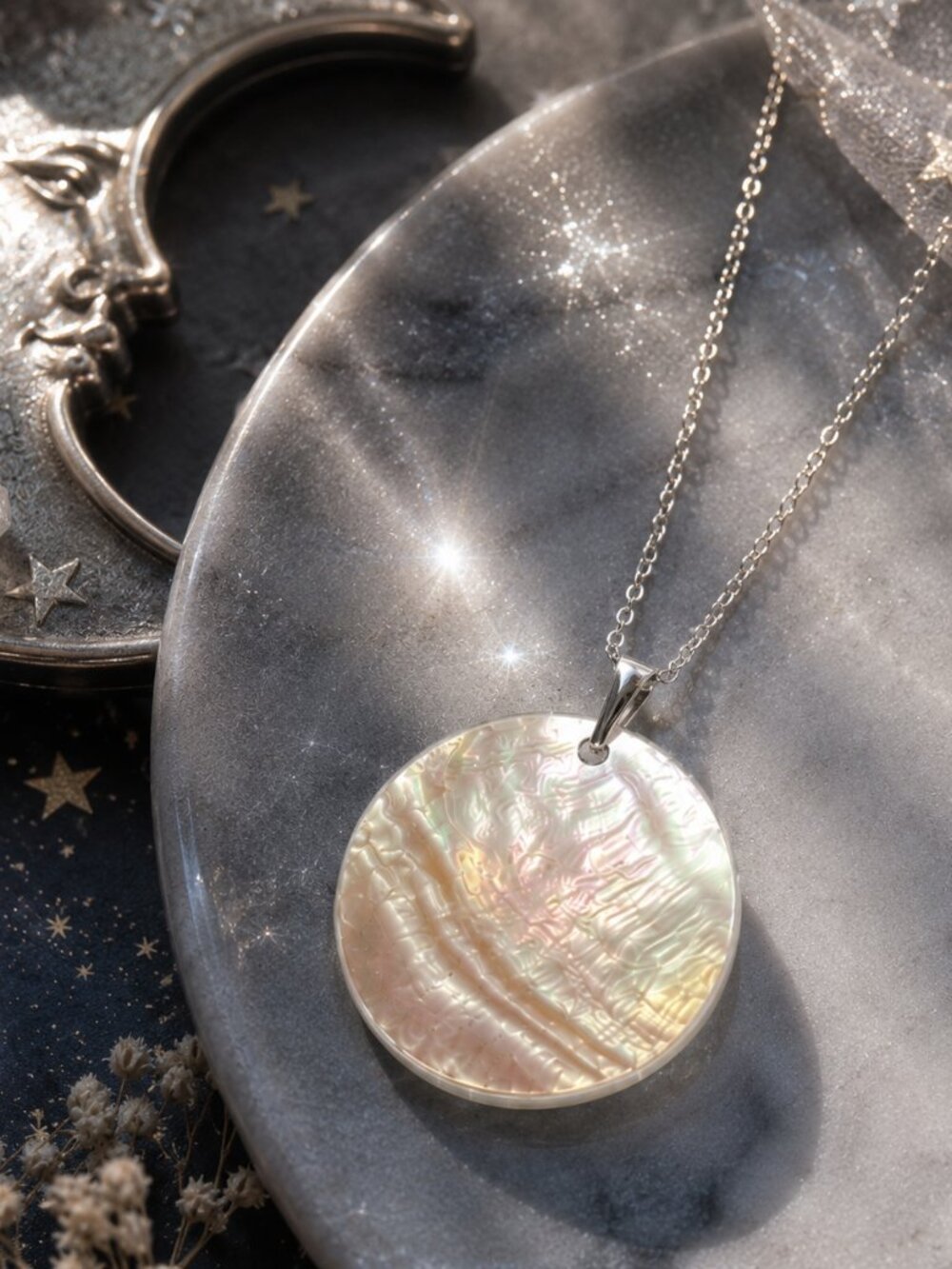 Handmade Mother of Pearl Round Pendant Necklace Stainless Steel Minimalist 41cm